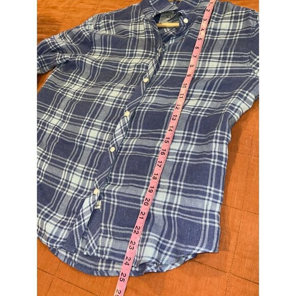 rails sky blue linen blend plaid button down top flowy frayed hem sleeve size XS - Picture 7 of 10